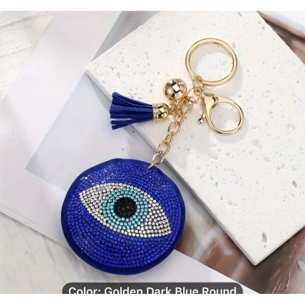 Keychain Leather Two stone PU Leather Rhinestone Evil Eye Tassel Keyring